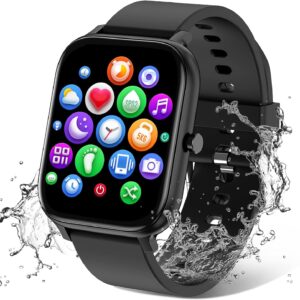 Smart Watch for Men Women Compatible with iPhone Samsung Android Phone 1.83 inch Full Touch Screen IP68 Waterproof Bluetooh Fitness Tracker Heart Rate/Sleep Monitor, Black