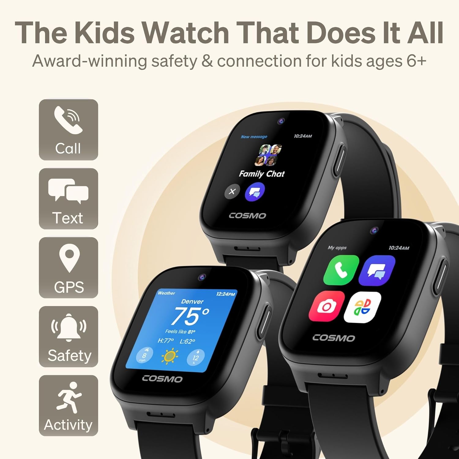 JrTrack 5 Kids Smart Watch by Cosmo | Best Kid-Safe Phone Watch | Precision Real-Time GPS Tracking | Call, Text, Activity, School Settings | Spotify Music | Parental Controls | SOS & Safety Alerts - Image 2