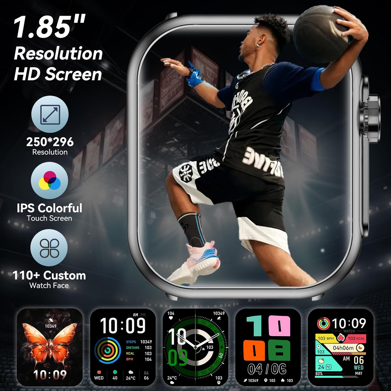 Smart Watch for Men Women, 1000mAh Battery 100-Day Standby Time, 1.85" HD Screen Fitness Tracker, 110+ Sport Modes, IP68 Waterproof, Heart Rate/Sleep Monitor, Fitness Watch for Android/iPhone(Black) - Image 6