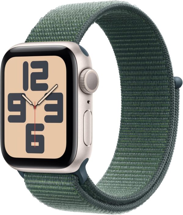 Apple Watch SE (2nd Gen) [GPS 40mm] Smartwatch with Starlight Aluminum Case with Lake Green Sport Loop One Size. Fitness and Sleep Trackers, Crash Detection, Heart Rate Monitor, Carbon Neutral